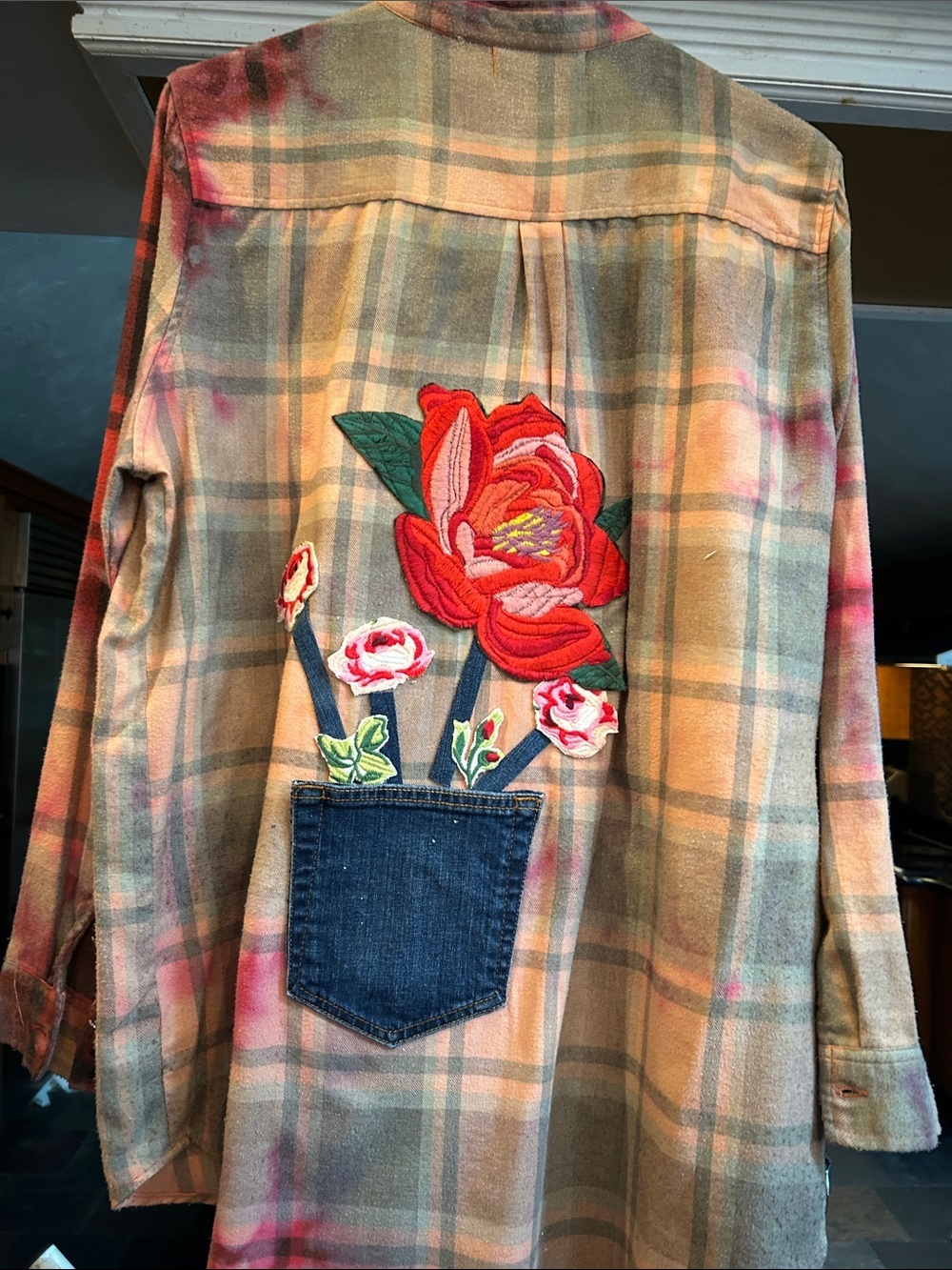 Hippie Rose Plaid Flannel Shirt Jacket with Red Floral Patch